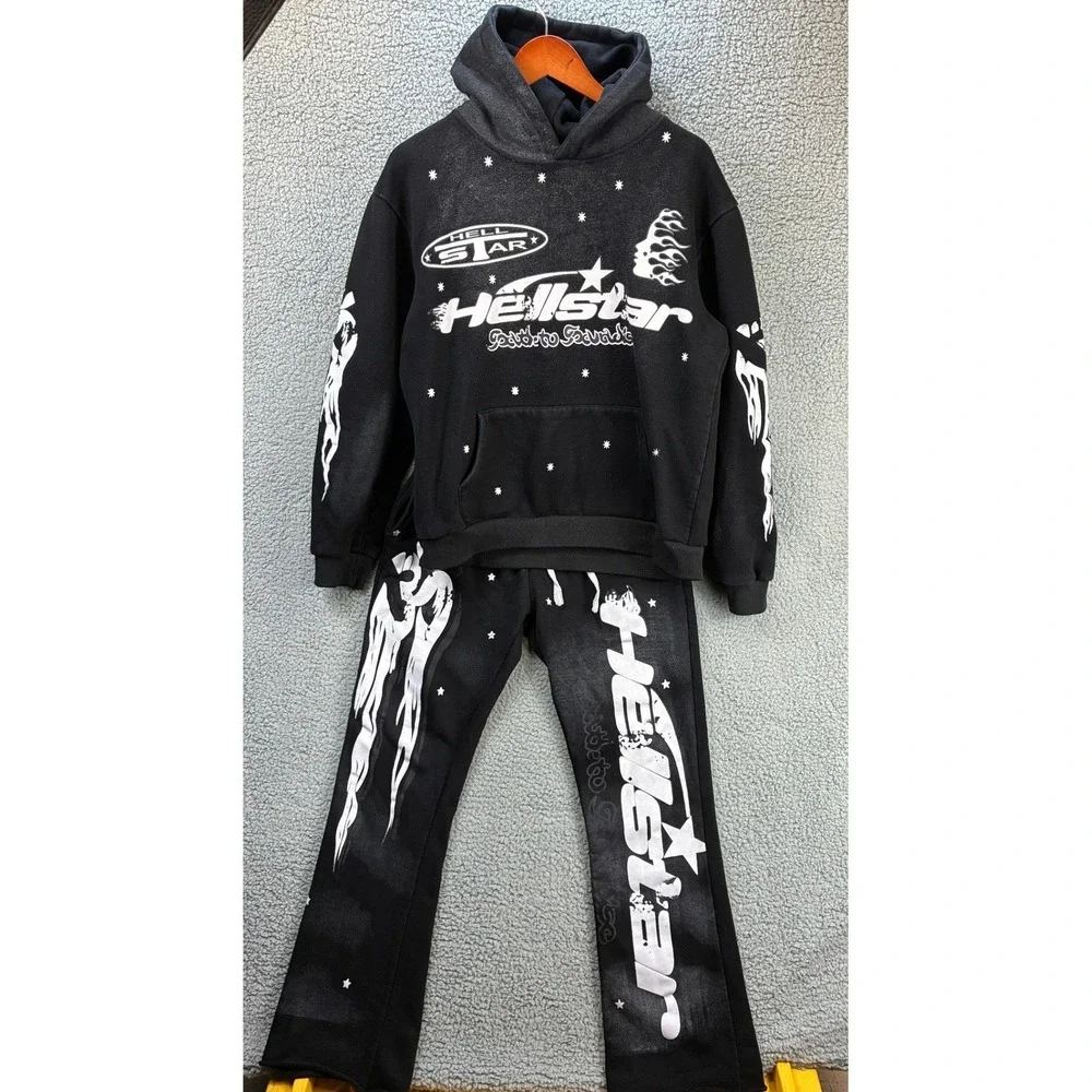 Hellstar Studios Records Tracksuit Hoodie Pants Set Mens L Black Streetwear